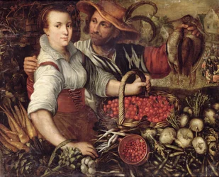 Scène de marché avec vendeurs de fruits et légumes